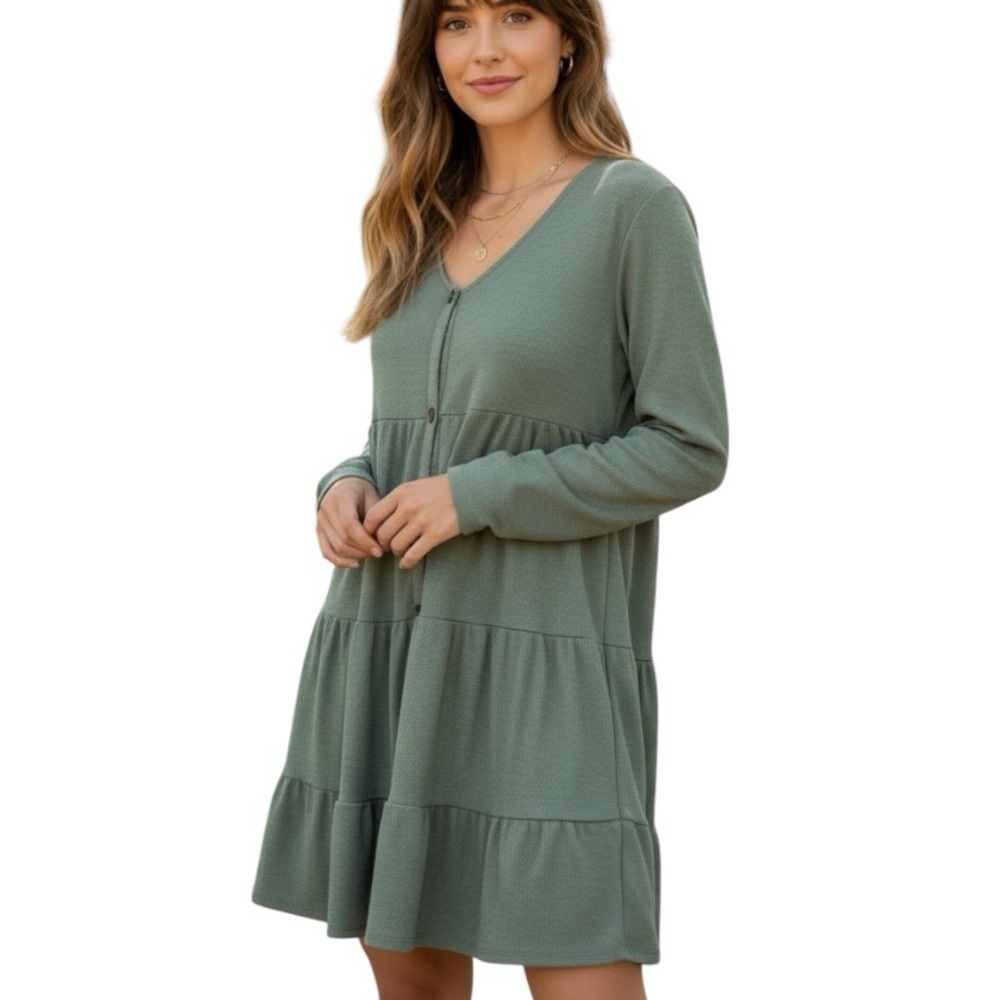 Peach Love California Medium Green Ribbed Cottagecore Boho Casual Dress